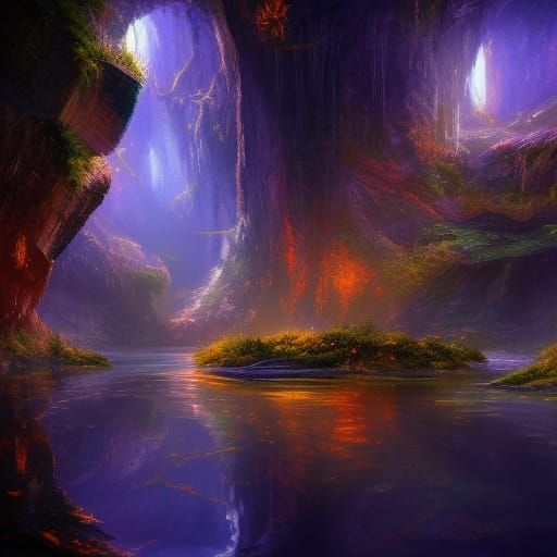 Enchanting Underground River at Night in Fantasy Art Style