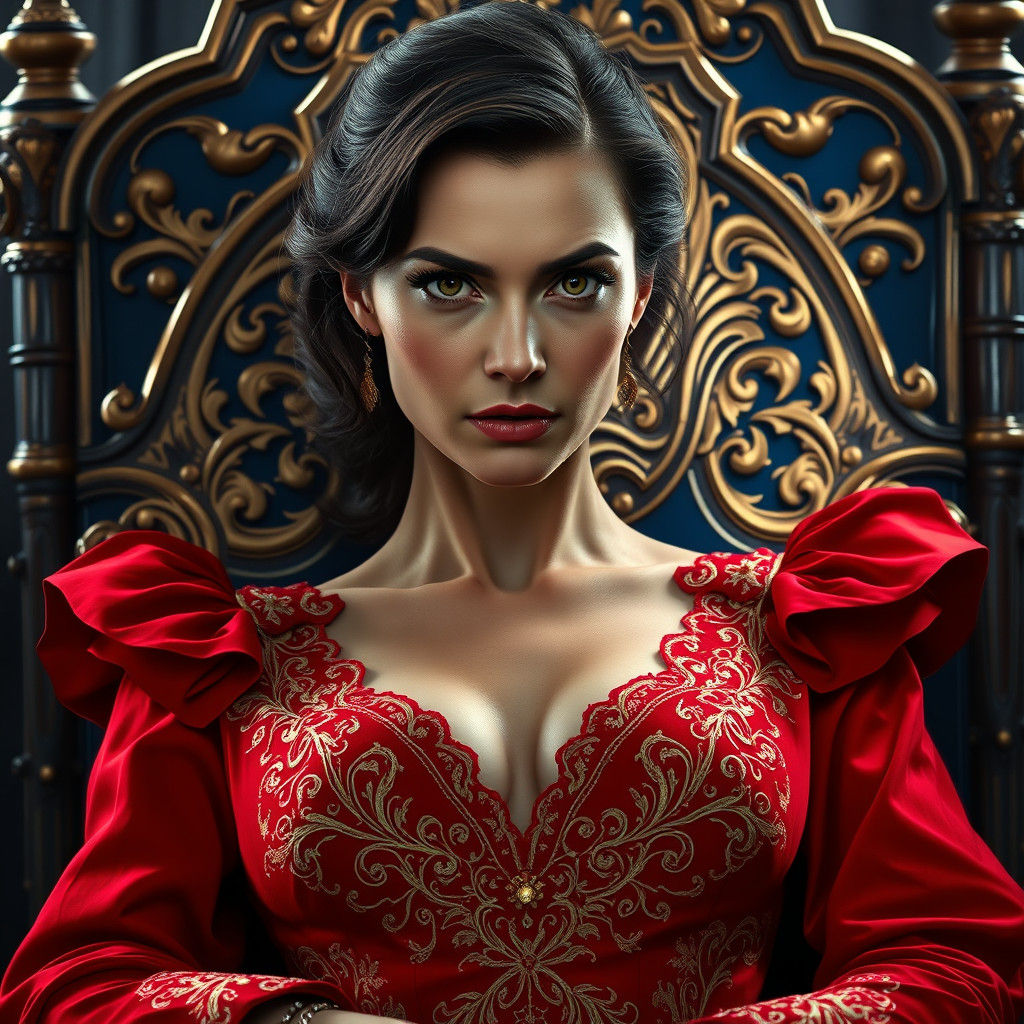 Woman in Red Gown on Throne, Art Nouveau Style