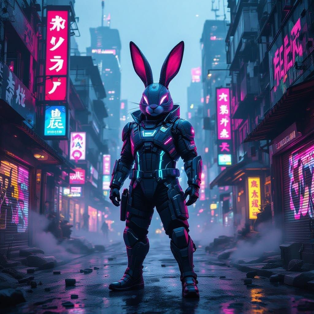 Cyberpunk Easter Bunny Defies the Future in a Gritty, Futuri...