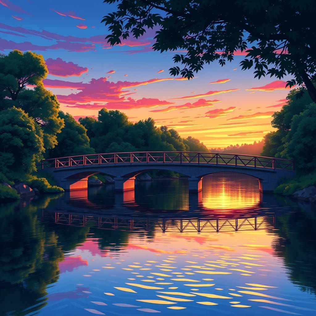Surreal Anime Bridge Reflects Vibrant Dusk Colors