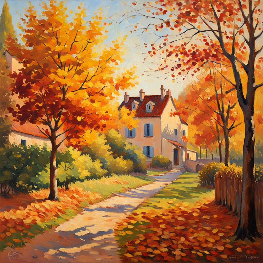 Autumn Garden Scene in Impressionist Oil Painting Style