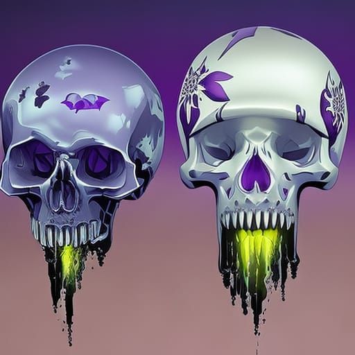 Hyperrealistic Skulls Surrounded by Purple Cat Heads