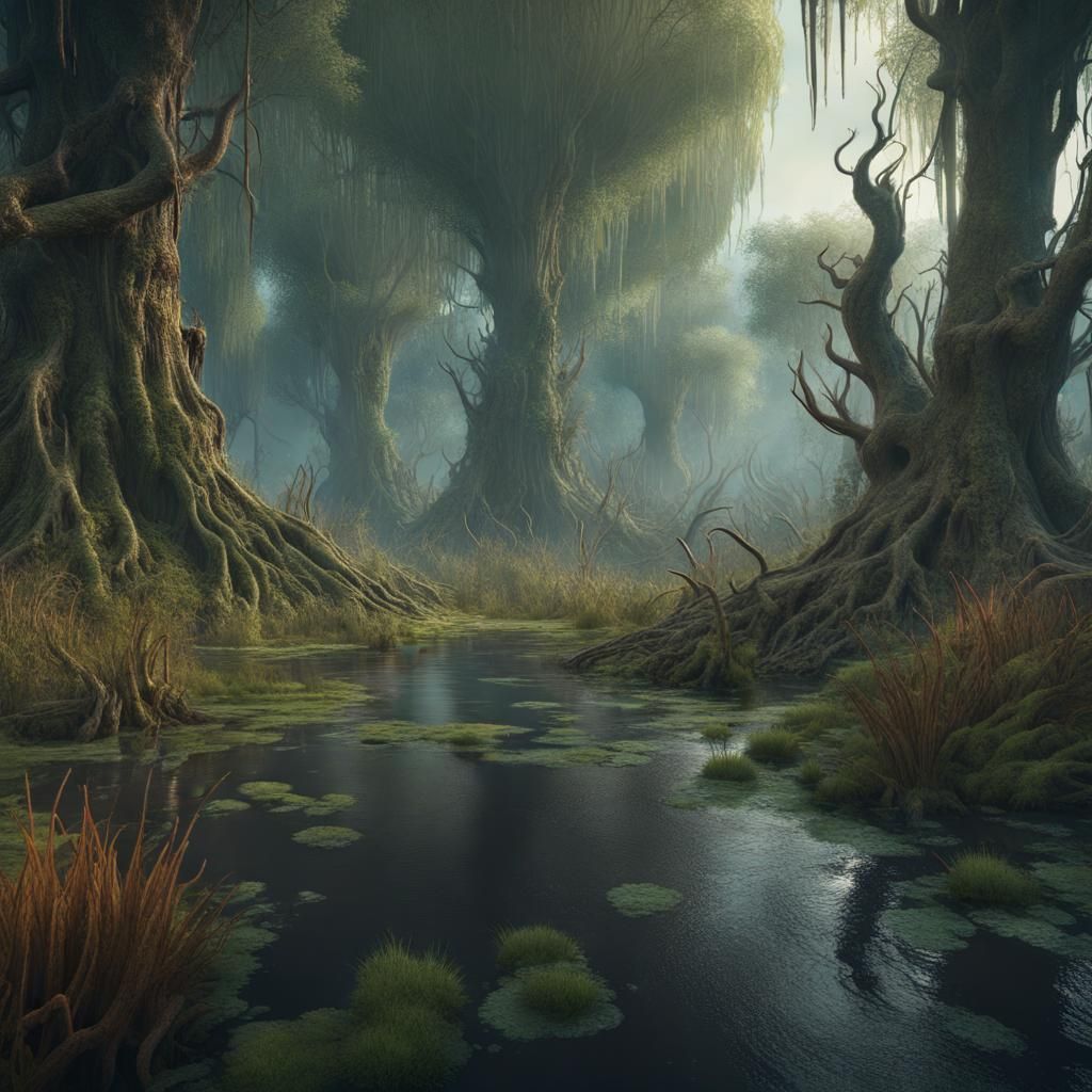 Lush Swamp: Detailed Matte Painting in Deep Color