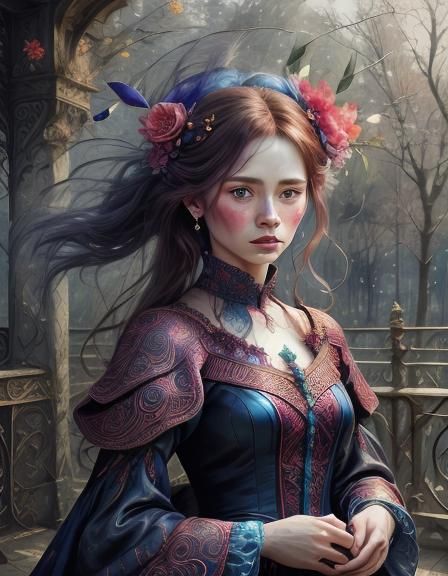 Fractal Girl with Red Flowers in Brutalist Style