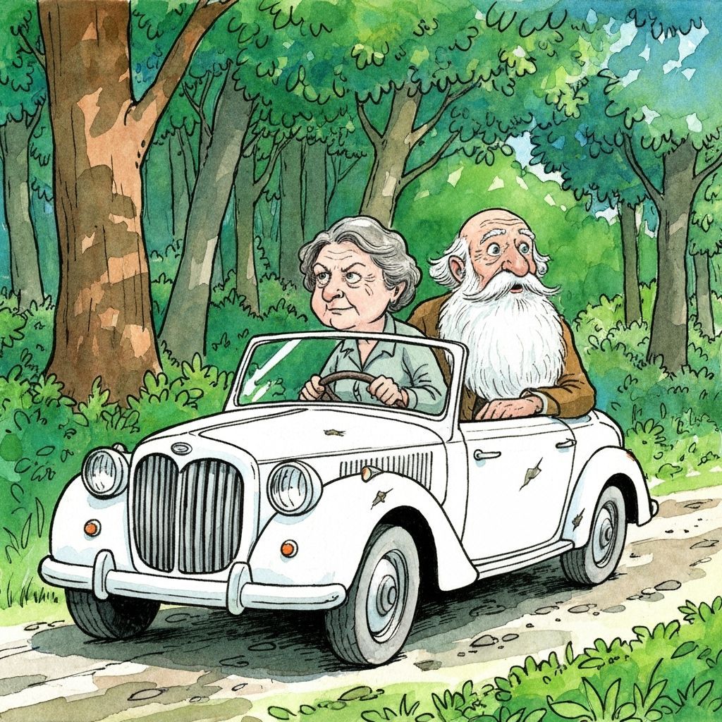 Whimsical Line Drawing of Couple in Vintage Car
