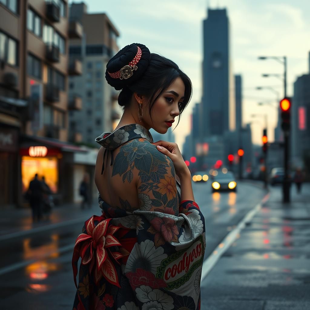 Woman with Tattoos in Cyberpunk Takashi Murakami Style