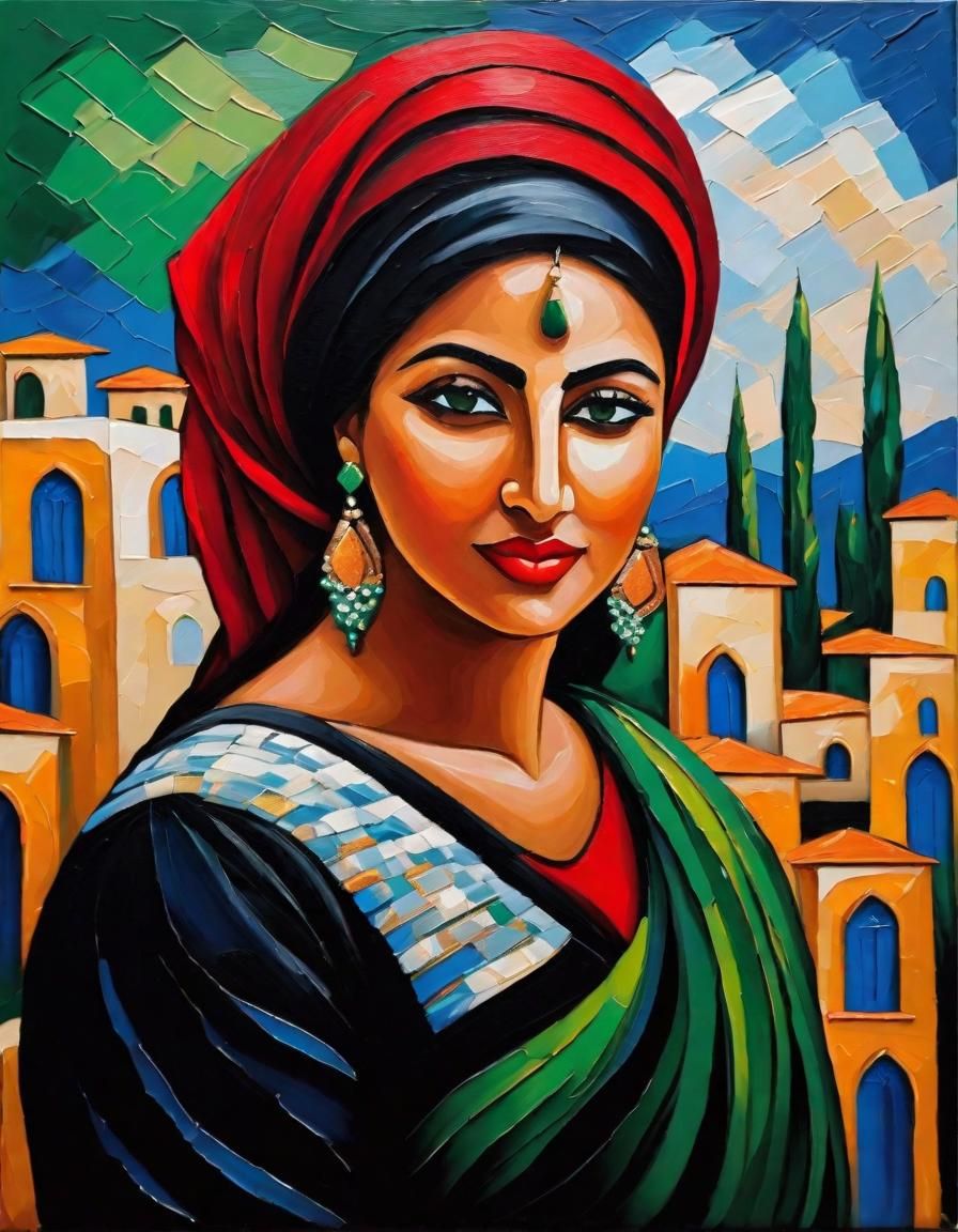 Powerful Palestinian Woman in Expressionist Oil Painting