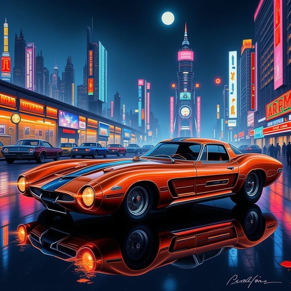 Retro-Futuristic Sports Car in Neon Cityscape