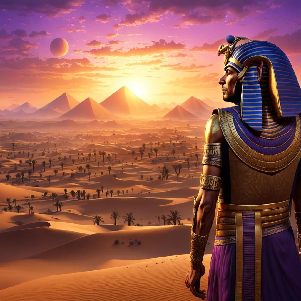 Pharaoh Overlooks Desert Empire in Dark Fantasy Style