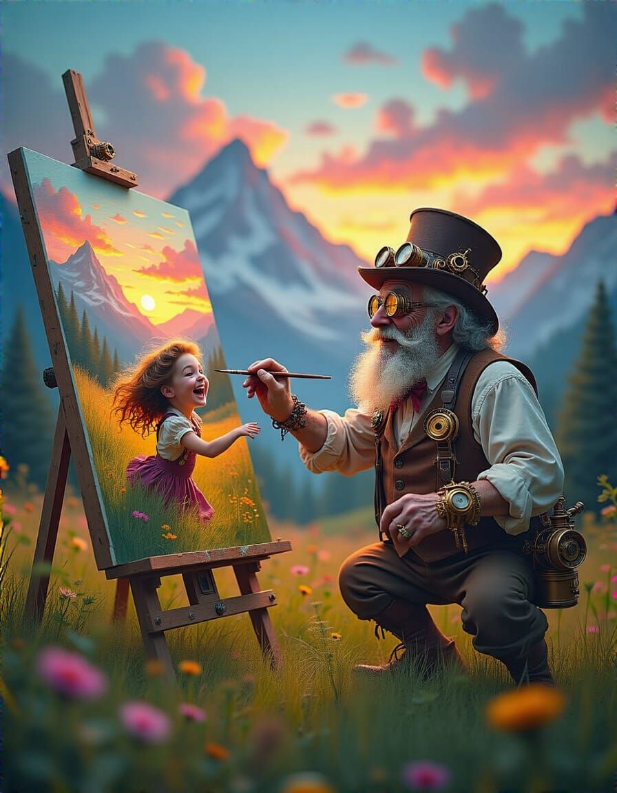 Steampunk Artist Paints Joyful Scene with Granddaughter