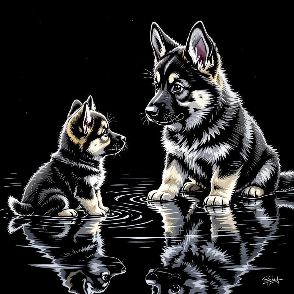 German Shepherd Puppy Sees Adult Reflection in Charcoal Draw...