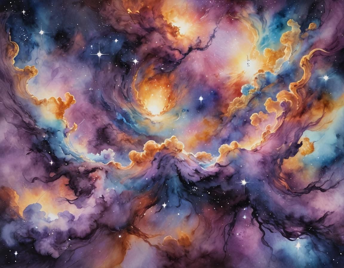 Dreamy Universe Watercolor Painting with Swirling Nebulas