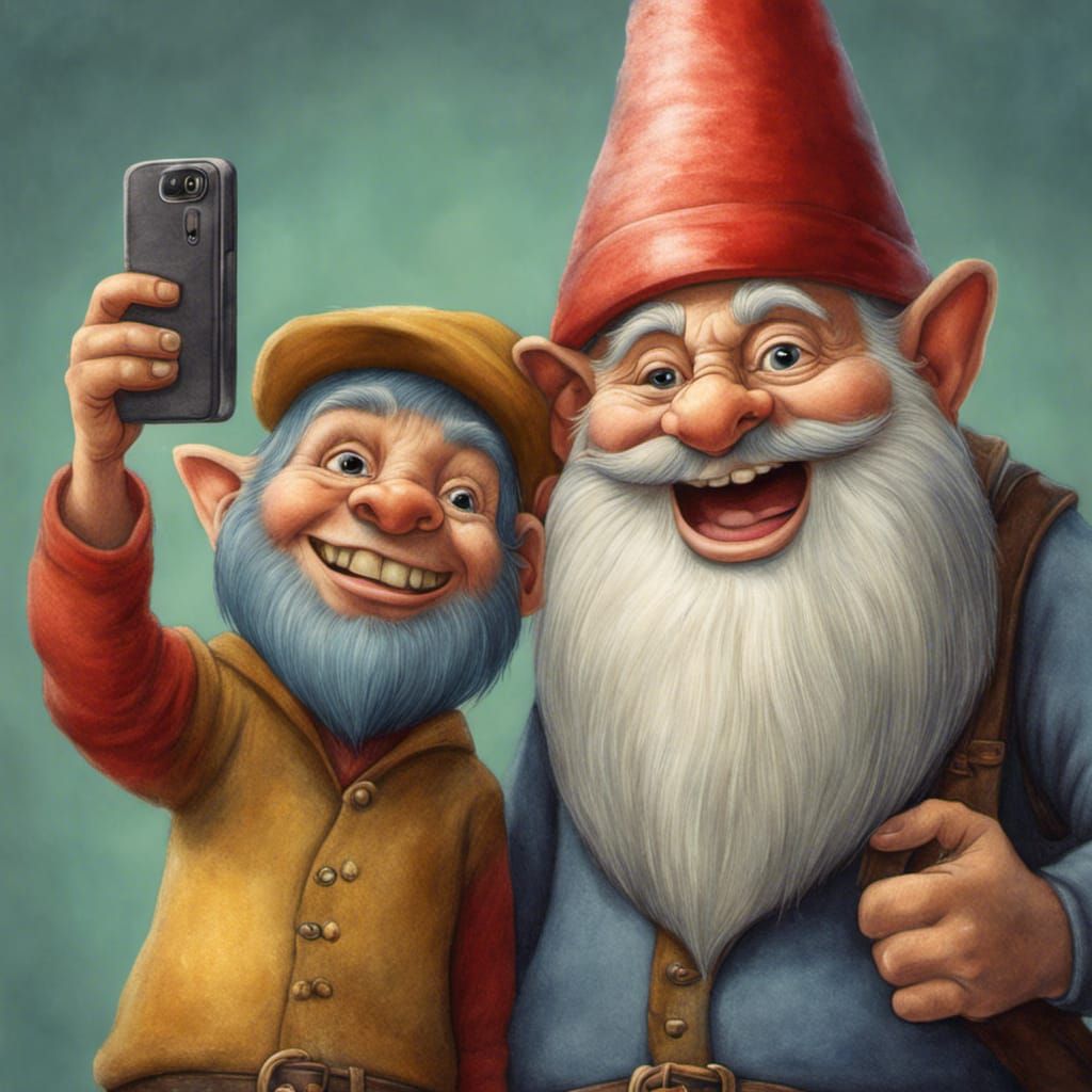 Gnome Selfie with Troll in Satirical Style