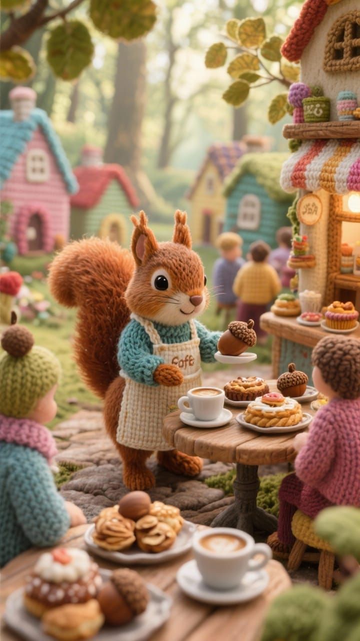 Knitted Squirrel Serves Acorn Lattes in Woodland Cafe