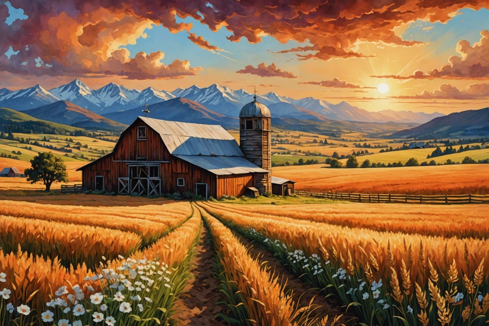 Golden Wheat Field Painting with Sunset Cloudscape