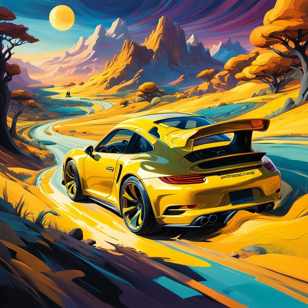Yellow Porsche 911 in a Mystical Landscape