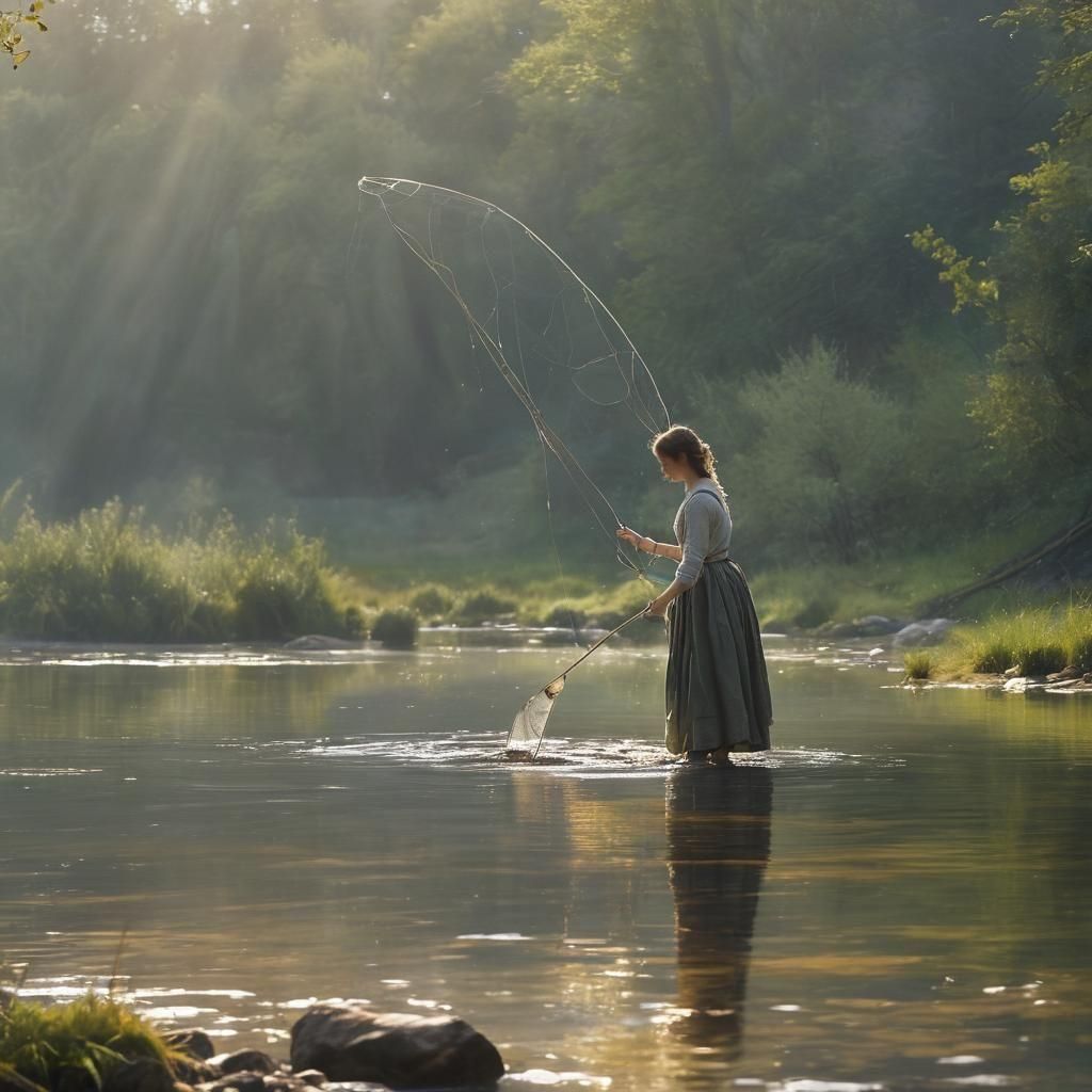 Griffin Fishing in Scottish River Under Divine Light