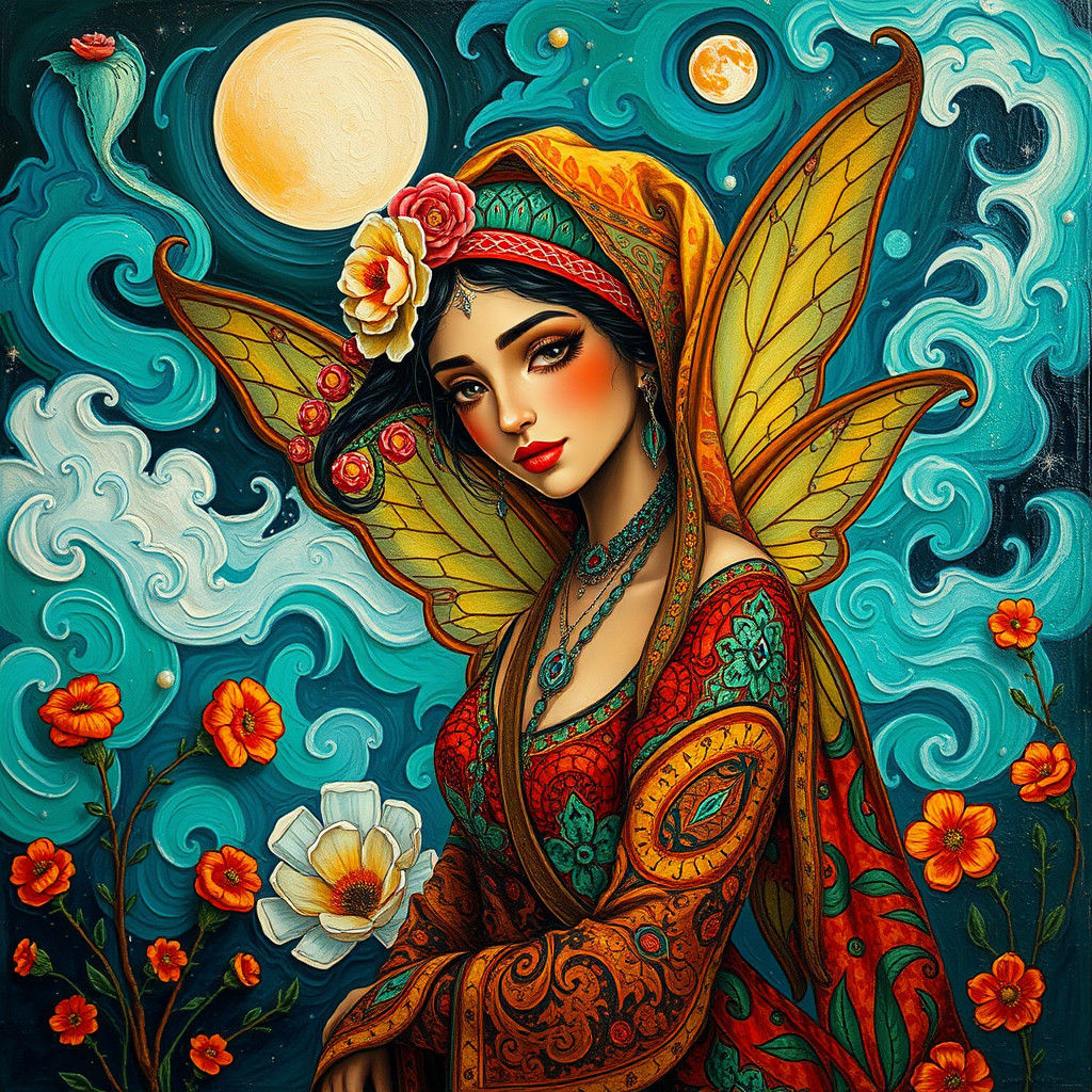 Tunisian Fairy in Post-Impressionistic Impasto Landscape