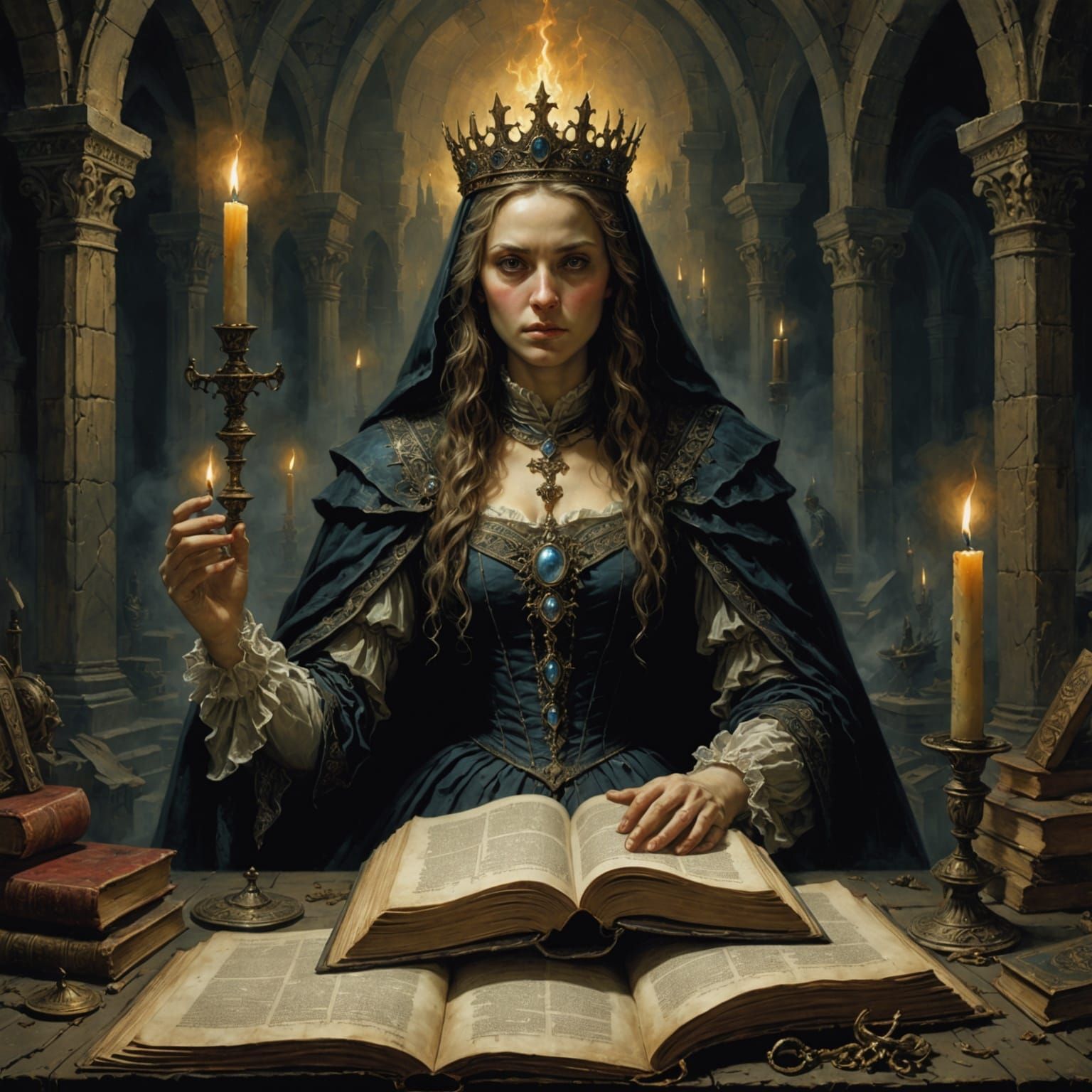 Aged Prophecy Queen in Medieval Oil Painting Style
