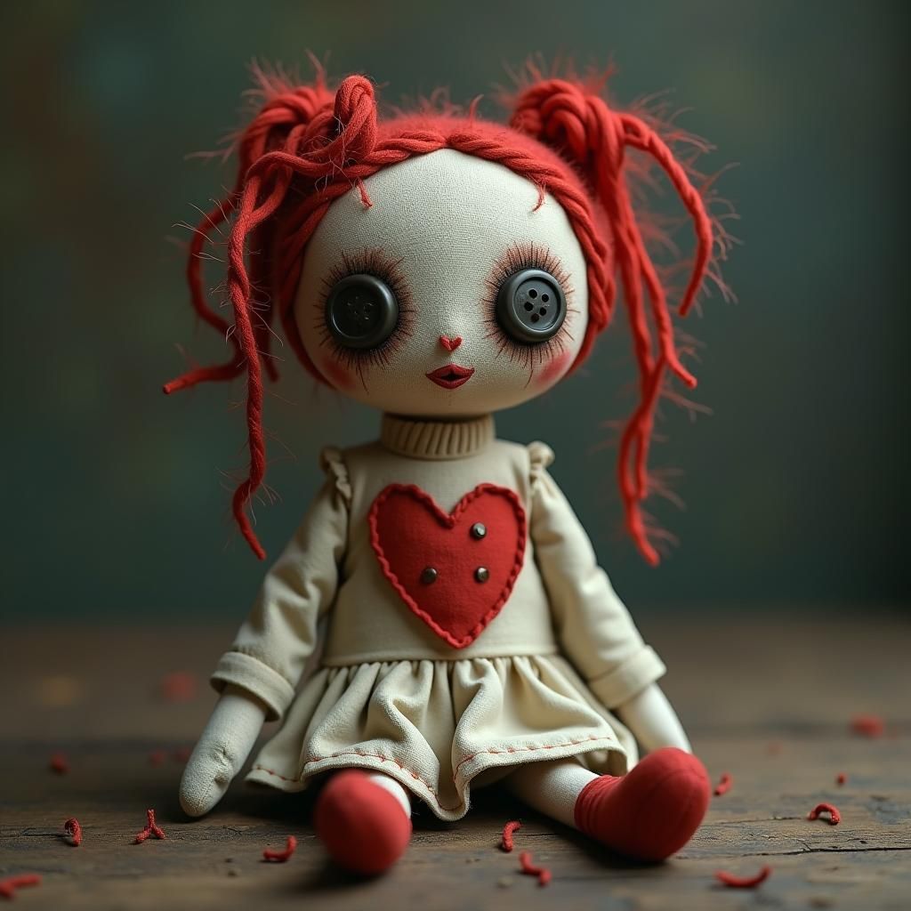 Creepy-Cute Cloth Doll with Red Bow in Dreamscape