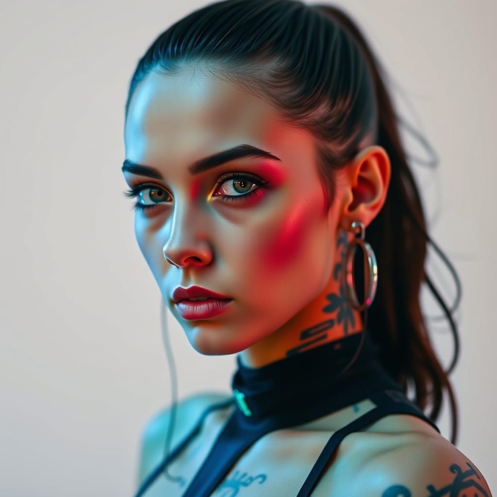 Cyberpunk Portrait with Neon Tattoos and Cybernetic Enhancem...