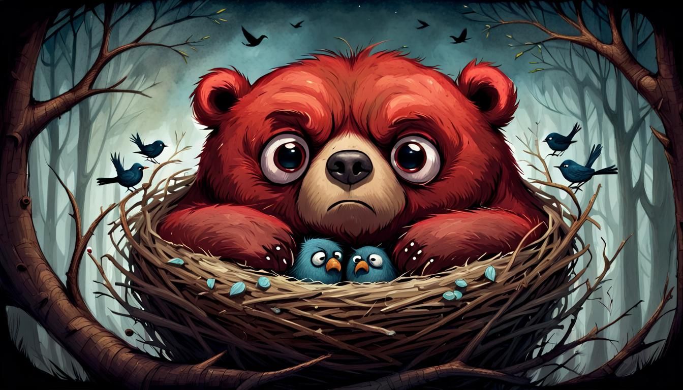 Grumpy Bear in Birds Nest: Whimsical Storybook Scene