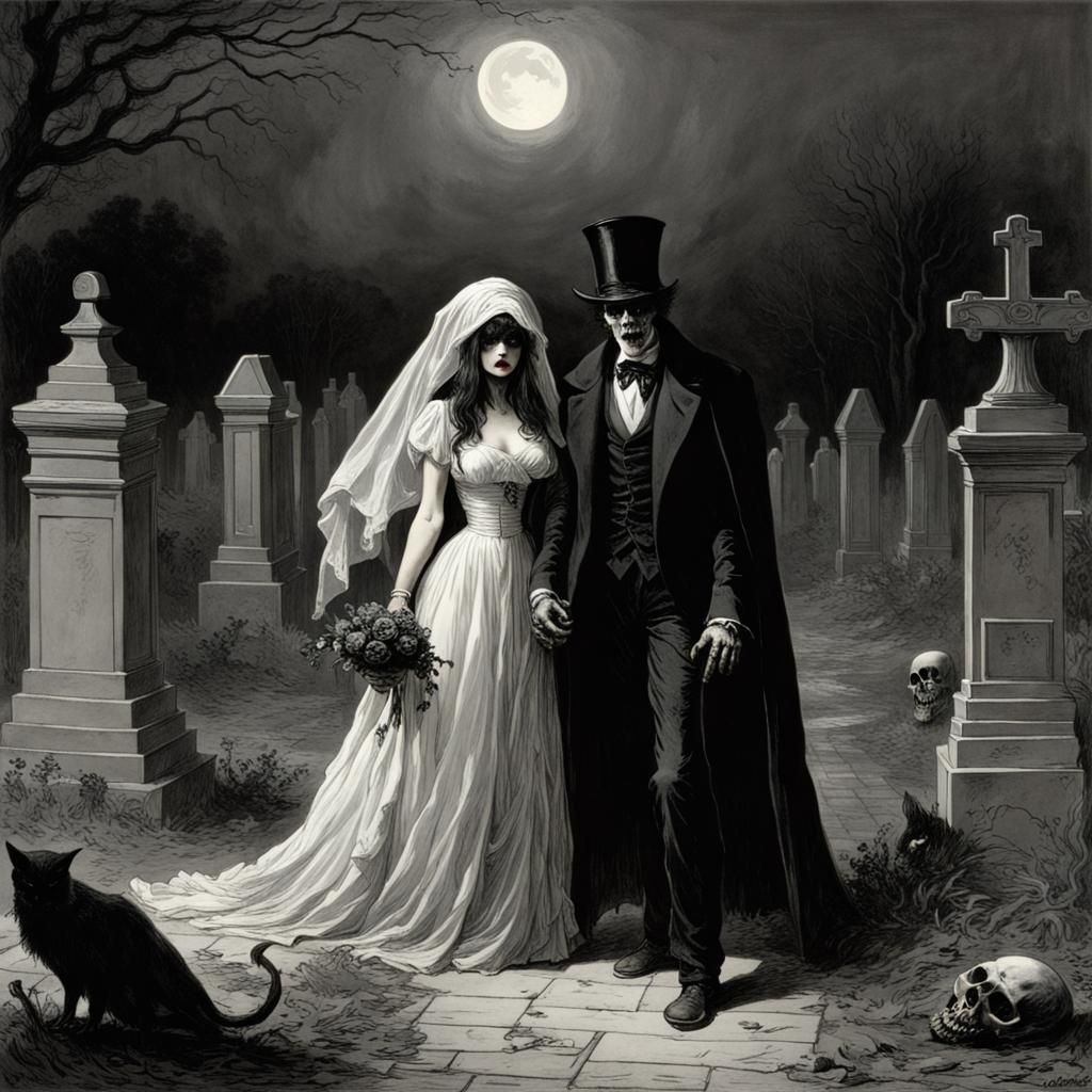 Vampire Wedding in Cemetery, Gothic Horror Style