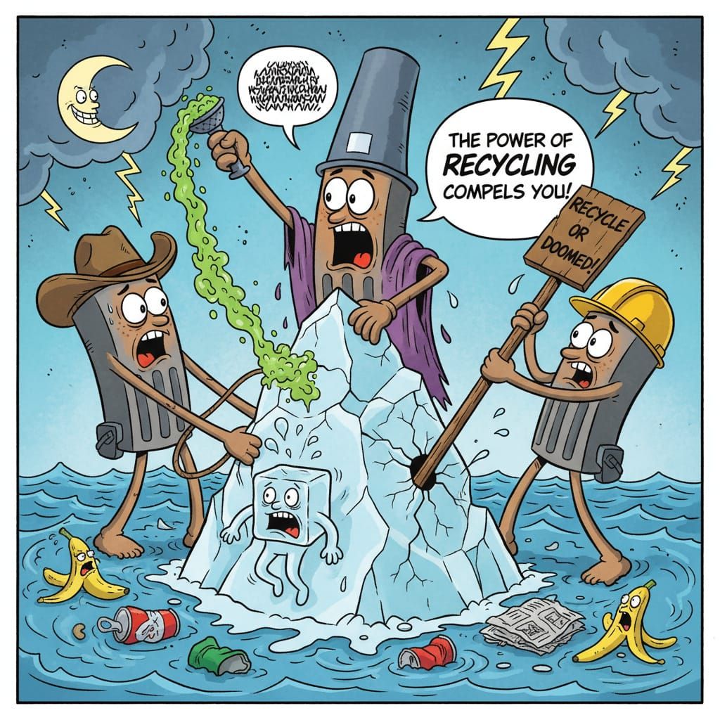 Comic Illustration: Freckled Bins Perform Iceberg Exorcism