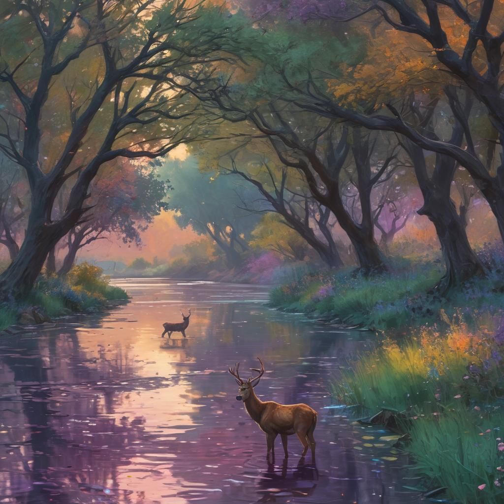 River Orchard at Dusk: Ink Splash Art