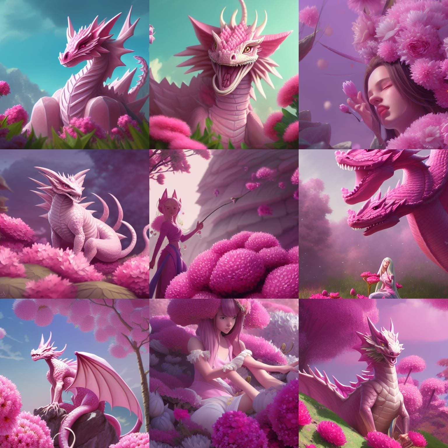 Cute Pink Dragon in Flowers, Fantasy Art