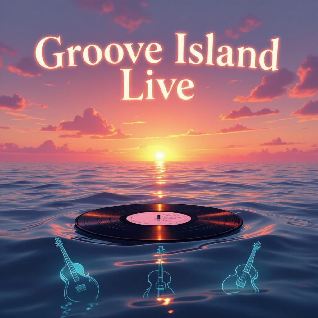 Surreal Sunset Ocean with Floating Vinyl Record and Musical ...