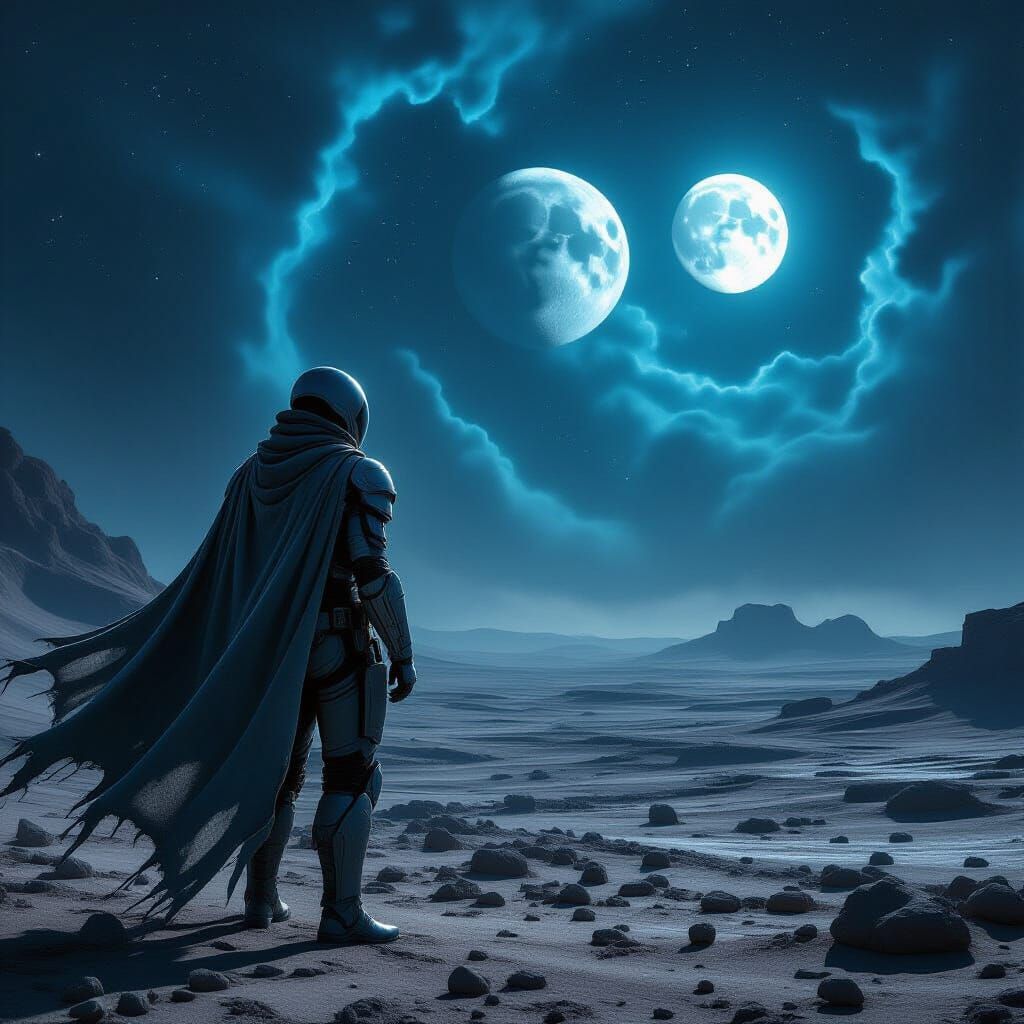 Sci-Fi Explorer on Alien Planet Gazing at Two Moons