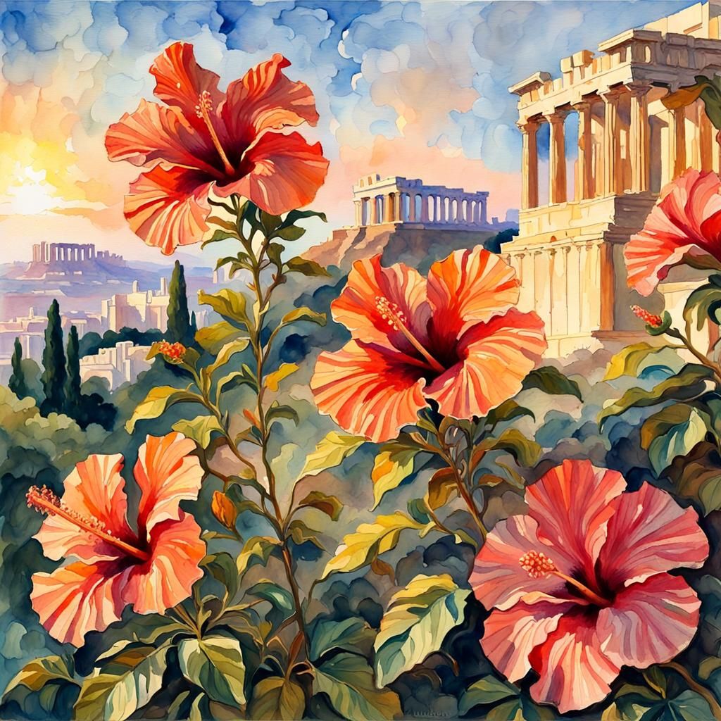 Acropolis Sunset: A Gouache Watercolor Impressionist Paintin...