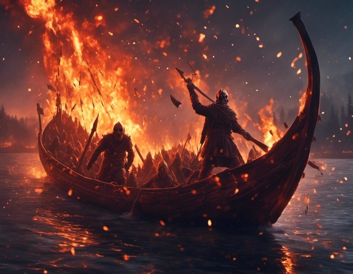 Viking Funeral Pyre on Burning Longboat