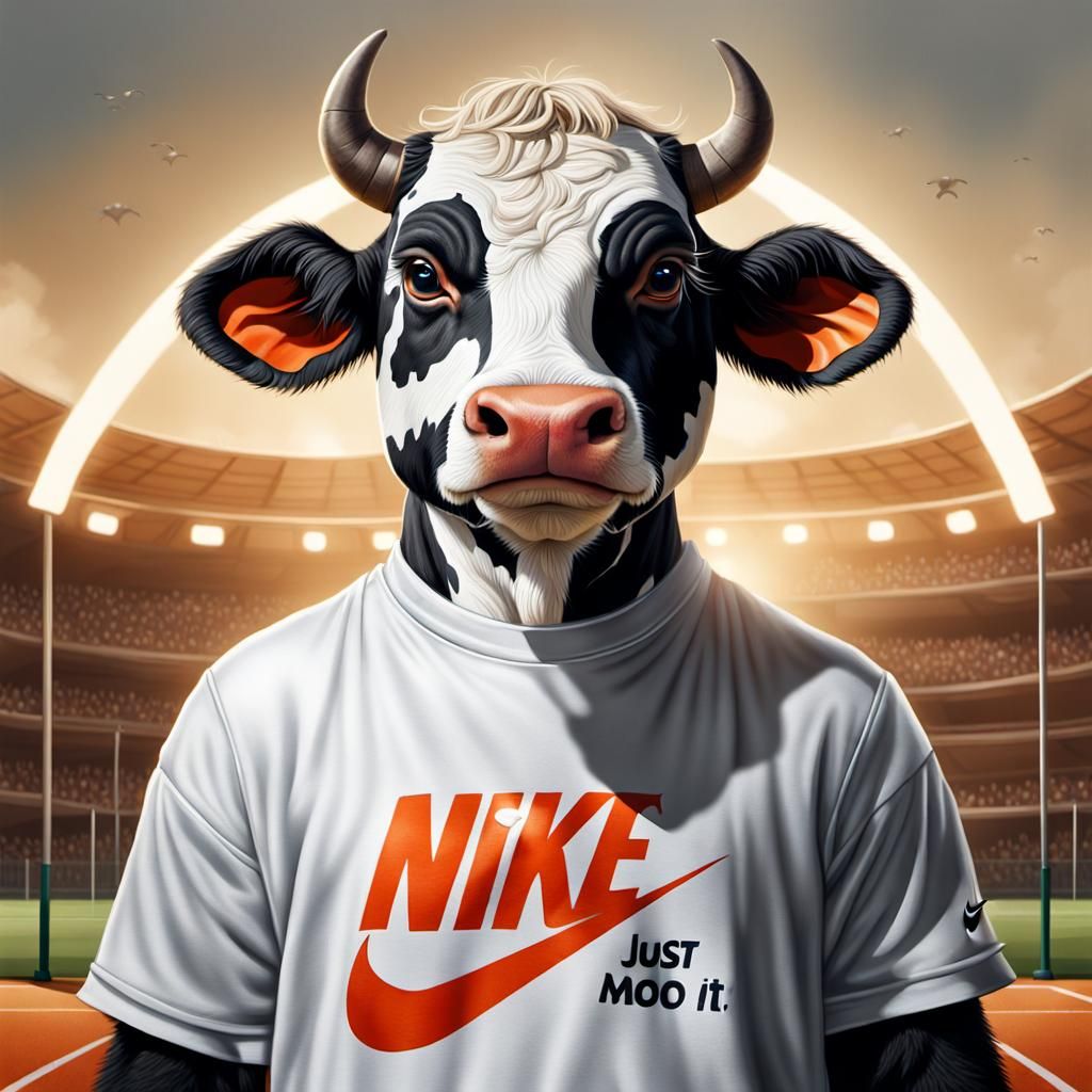 Anthropomorphic Cow on Athletic Field in Photorealism