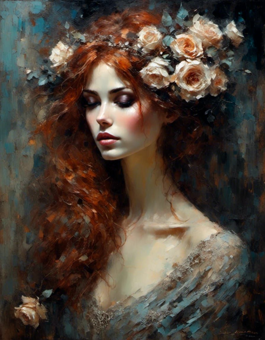 Ethereal Impasto Painting of Woman with Roses