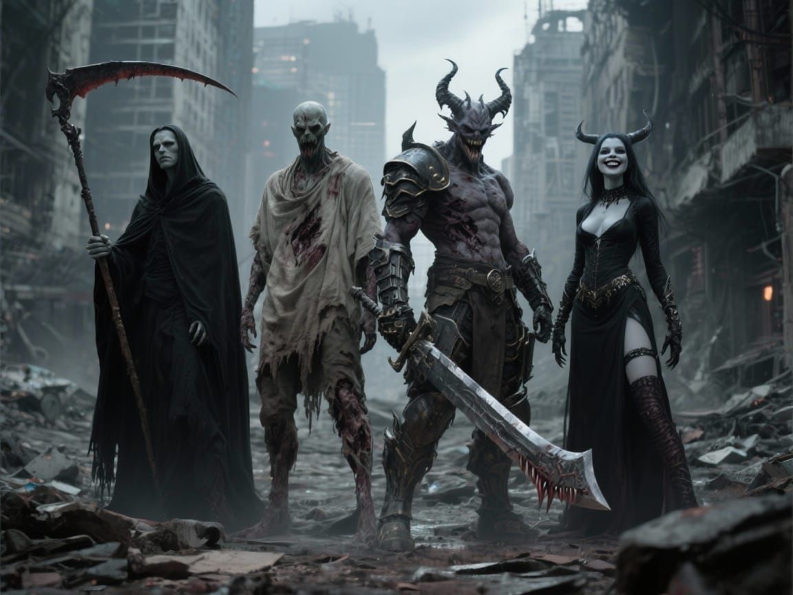 Demonic Beings in Ruined City: Cinematic Portrait