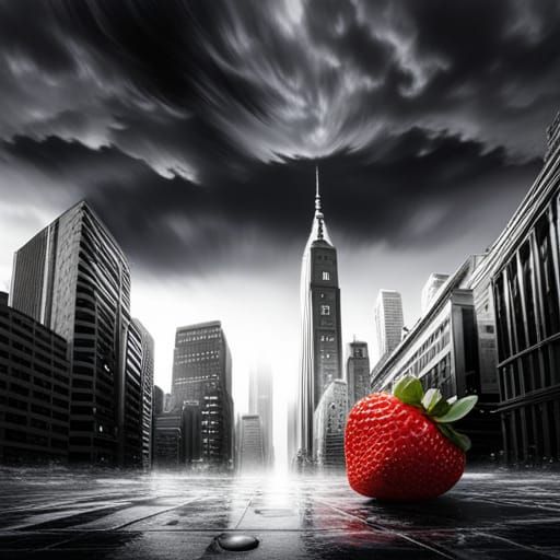 Surreal Strawberry Rain in a Cityscape