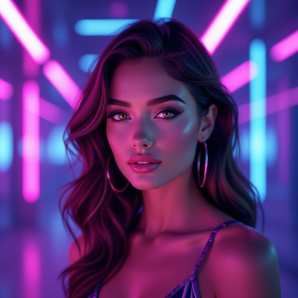 Synthwave Woman in Neon Glow, Virtuous and Intelligent