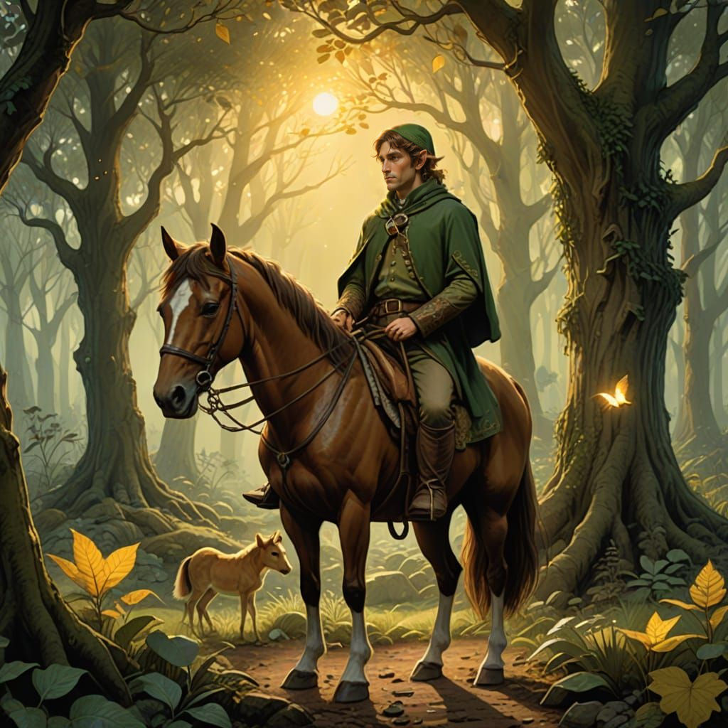 Elf Adventurer Under Tree at Dusk in a Forest Landscape