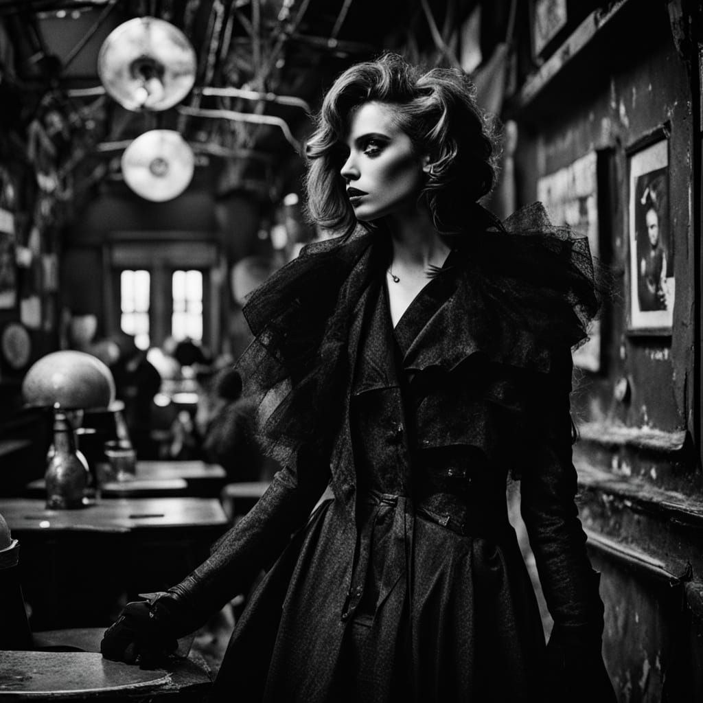 Fashion Model in Goth Coffee Shop, Black and White Photograp...