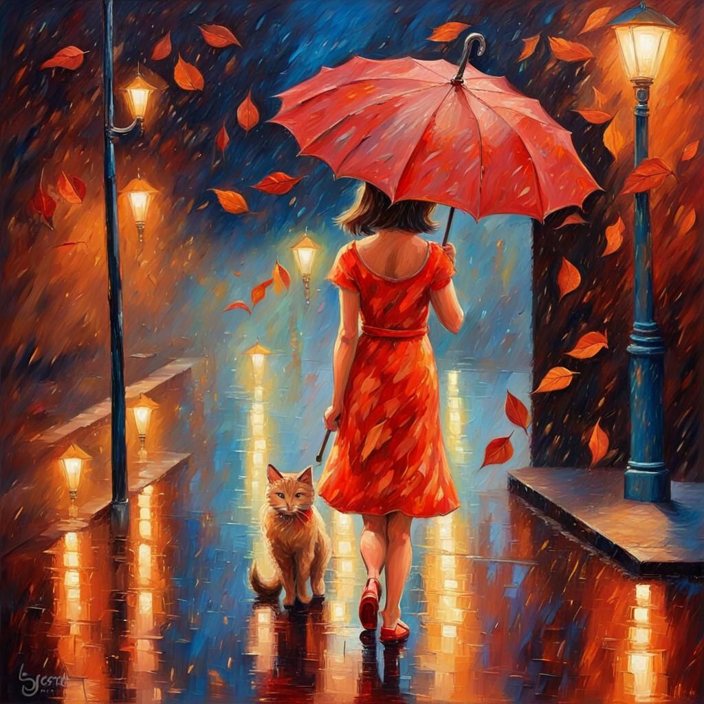 Impressionist Masterpiece of Girl in Red Dress Walking in Ra...