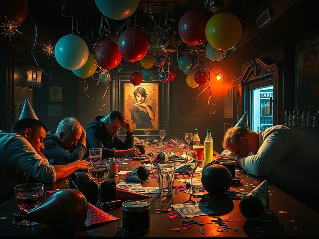 Drunk Revelers in a Dimly Lit Cocktail Bar