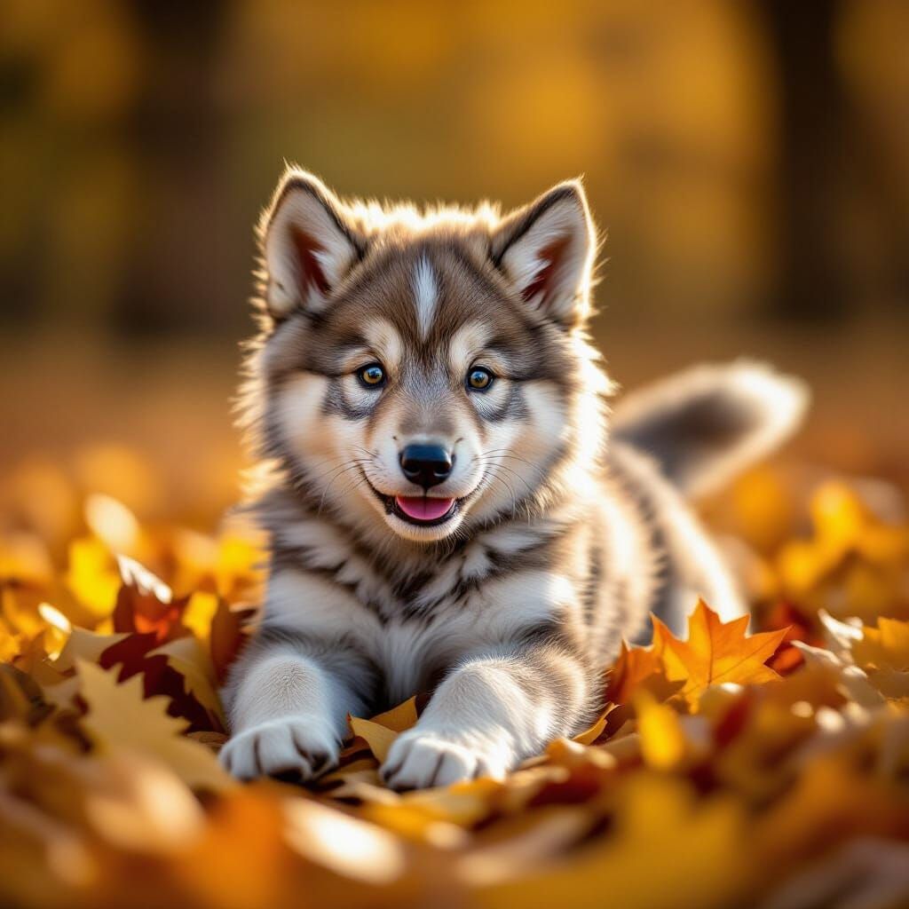 Fluffy Wolf Puppy in Autumn Leaves
