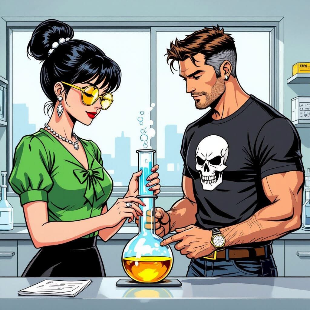 Chemist Teaching Science Experiment in Comic Book Style