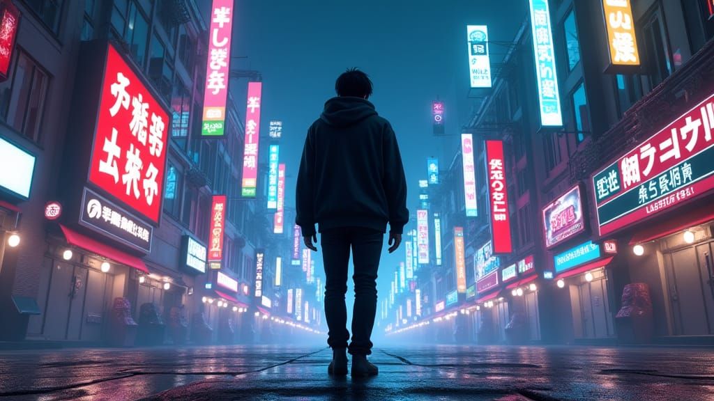 Futuristic Figure Enters Neon Japanese Cityscape