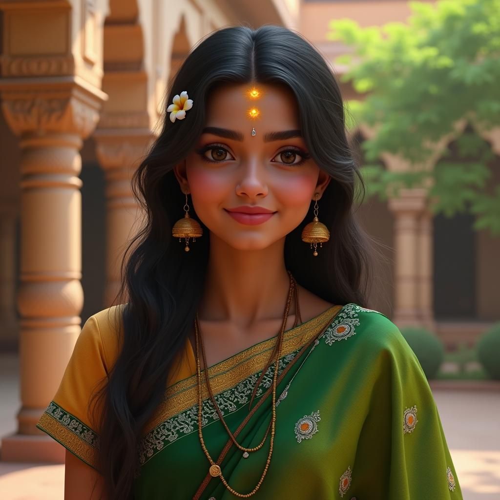 Serene Indian Woman in Emerald Saree: Dreamlike Concept Art