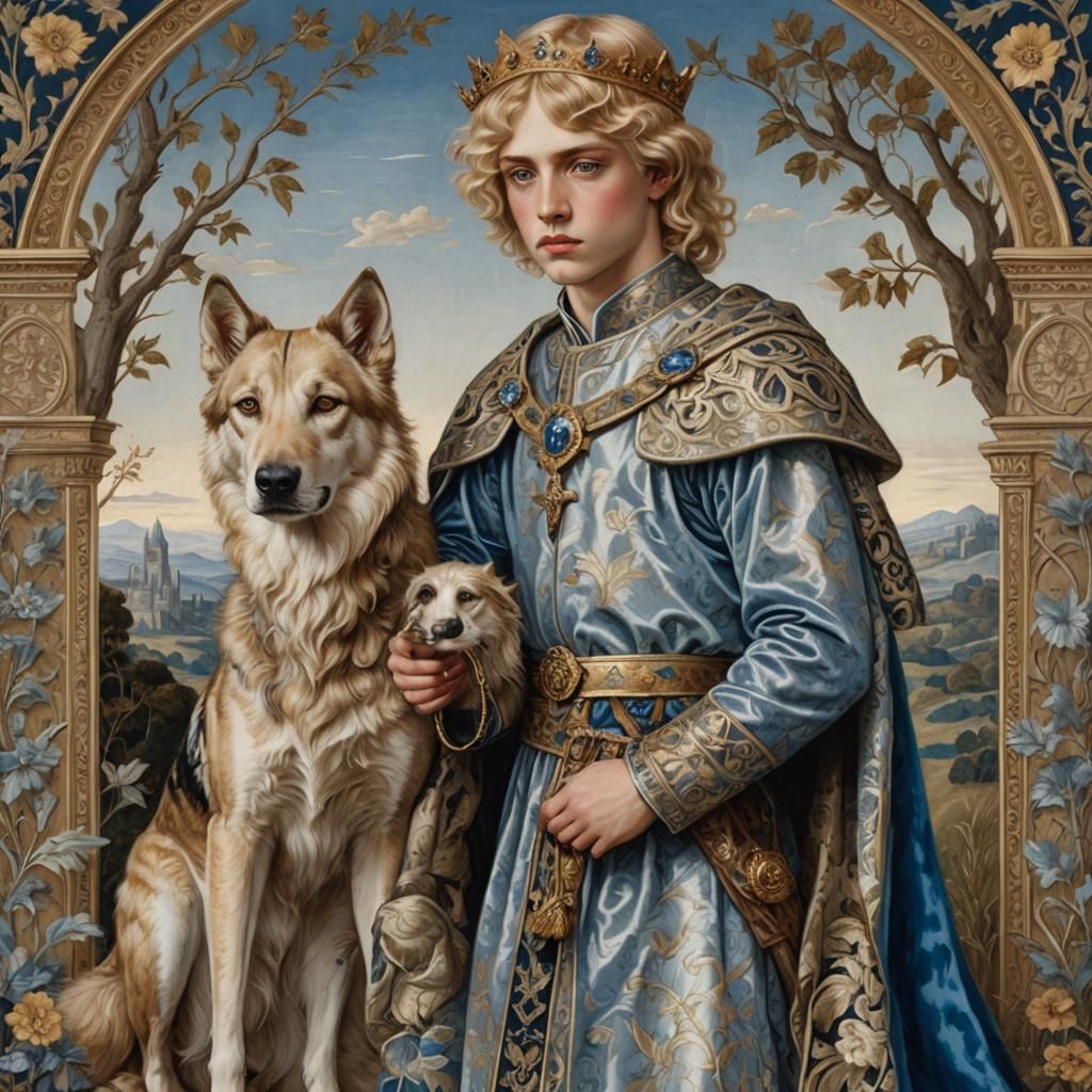 Pre-Raphaelite Page Boy with Hawk and Wolfhound