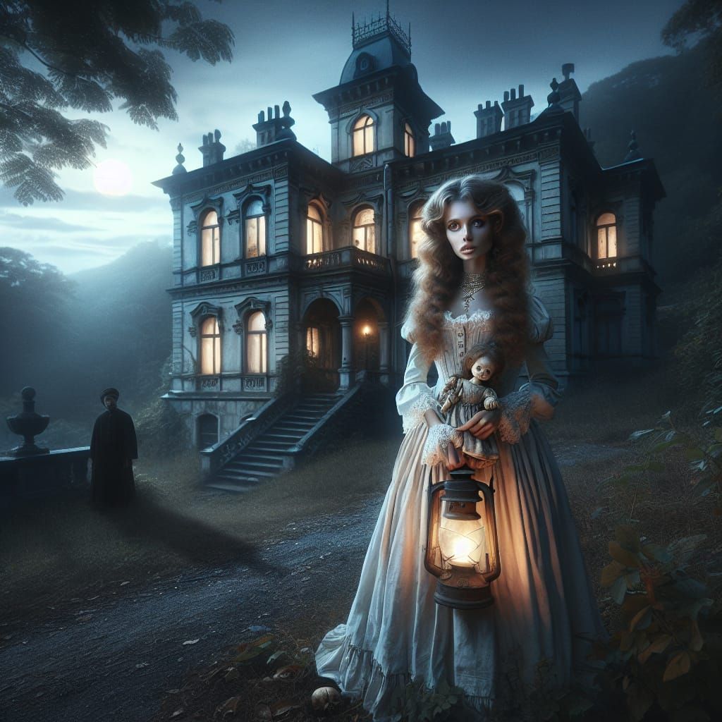 Victorian Mansion with Woman in White Dress