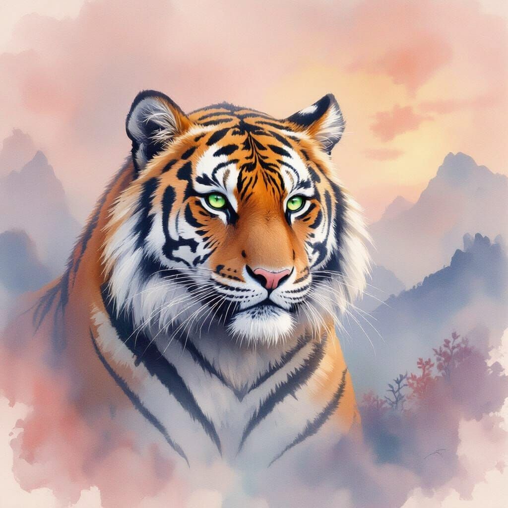 Ancient Tiger in Ethereal Mist, Watercolor Style